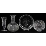 CUT GLASS TABLEWARE, FOUR PIECES, H 2 1/2"-8", INCLUDING WATERFORDIncluding 1 Waterford vase, H.