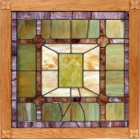 LEADED AND STAINED GLASS PANEL, H 27.5", L 27.5"having panels in green, caramel and lavender