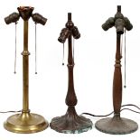 PATINATED METAL LAMP BASES, C. 1920, THREE, H 19"-21"One base is spuriously signed "Handel 466B" (