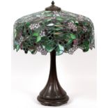 LEADED GLASS & PATINATED METAL TABLE LAMP, H 24", DIA 19"Pink blossoms among green flowers, raised