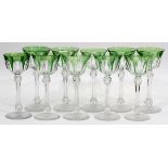 GREEN OVERLAY & CRYSTAL WINE GOBLETS, SET OF SIX, H 7"Each with 6 panels and green cut to clear