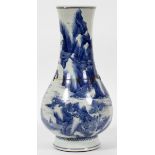 CHINESE, BULBOUS BLUE AND WHITE, PORCELAIN URN, H 17", DIA 9"Landscape design.made in two pieces and