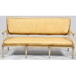 LOUIS XVI STYLE UPHOLSTERED SOFA, H 34", L 64", D 24"Upholstered in gold tone fabric, measures