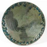 PEWABIC POTTERY GREEN TO BLUE CHARGER, DIA 15"Impressed Pewabic Detroit mark and paper label on