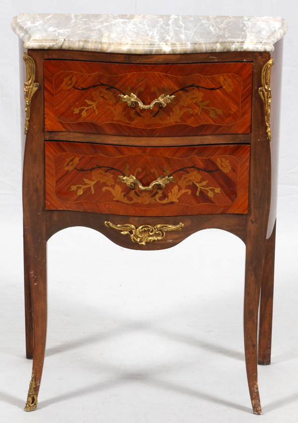 MARQUETRY INLAID MARBLE TOP COMMODE, H 32", L 24", D 13"Having a contoured marble top, two full