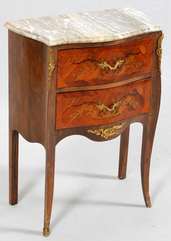 MARQUETRY INLAID MARBLE TOP COMMODE, H 32", L 24", D 13"Having a contoured marble top, two full - Image 2 of 2