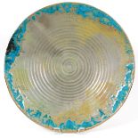 PEWABIC POTTERY, TURQUOIS BORDERED CHARGER, DIA 15"Having a spiral design in the well on a gray