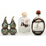 CHINESE CRYSTAL AND ENAMELED BRASS SNUFF BOTTLES, C1900, 3 PCS. H 2 1/2" - 3 1/2"Includes two