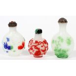 CHINESE GLASS OVERLAY SNUFF BOTTLES, THREE, H 2"-3"Including 1 Peking glass, red flowering branch on