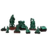 CHINESE CARVED MALACHITE FIGURES, NINE, H 1 1/2"-7"Figures of Lohan, Guanyin, and animals. With wood