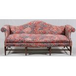 MAHOGANY CAMELBACK SOFA, H 35", L 74", D 31"Polished cotton upholstery in red, blue and purple