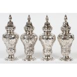 GERMAN SILVER SALT & PEPPERS, 2 PAIRS H 4 3/4"Pedestal bases, not weighted. Impressed "Germany".