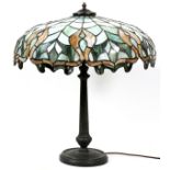 AMERICAN LEADED SLAG GLASS & PATINATED METAL TABLE LAMP, C. 1910, H 27", DIA 22"A domed shade with