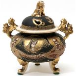 JAPANESE SATSUMA EARTHENWARE CENSER, C. 1920, H 6 1/2", L 6"Having a Fu lion form finial with