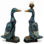 CHINESE CLOISONNÉ DUCK CANDLESTICKS, TWO, H 10 1/2", L 4", D 5"A pair of cloisonné duck form