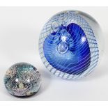 EICKHOLT, BLUE GLASS PAPERWEIGHT, 2 PCS., H 3 1/2"Including 1 blue paperweight of ovoid form, signed