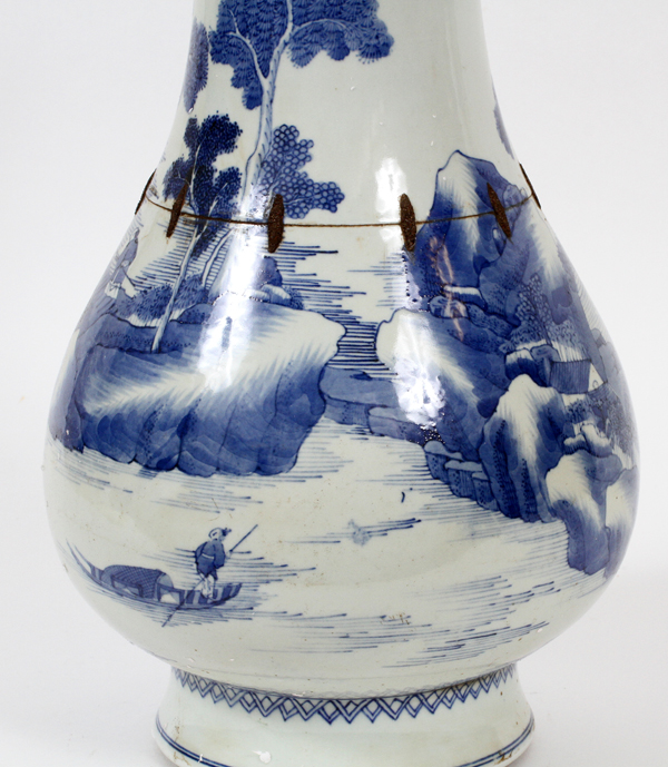 CHINESE, BULBOUS BLUE AND WHITE, PORCELAIN URN, H 17", DIA 9"Landscape design.made in two pieces and - Image 2 of 2