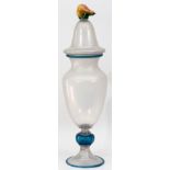 VENETIAN GLASS COVERED URN, H 28", "AS IS" CONDITIONHaving a pear fruit form finial, turquoise