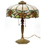 AMERICAN SLAG GLASS & PATINATED METAL TABLE LAMP, C. 1920, H 19", DIA 14"Caramel slag glass shade