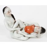 CHINESE, EROTIC PORCELAIN, FIGURE GROUP, H 5", L 8"man and womansome losses to paint, GA.- For