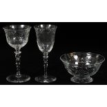 CRYSTAL WINE GLASSES, SHERRY GLASSES, & FINGER BOWLS C. 1940, 35 PIECESIncluding 11 crystal wine