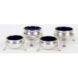 STERLING OPEN SALTS, 4 H 1 1/2" & 1 1/4" DIA 3" & 2 1/2"Two pairs. Queen Anne foot, cobalt blue