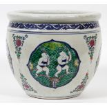 CHINESE PORCELAIN PLANTER, H 9", DIA 11"Figures of children playing.minor abrasions to the glaze