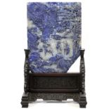 CHINESE CARVED LAPIS LAZULI TABLE SCREEN, H 12 3/4", W 9 7/8"Supported on a wooden base, having a