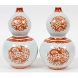 CHINESE, DOUBLE BULBOUS PORCELAIN URNS, TWO, H 10", DIA 6"orange dragon motif on white ground,