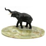 ART DECO BRONZE ELEPHANT & GREEN ONYX DESK TRAY, H 9", L 16"Having an ovoid onyx tray, with a bronze