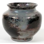 PEWABIC POTTERY VASE, H 4 1/2", DIA 5"Mottled gray and black glaze with iridescent sheen.