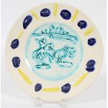 PICASSO POTTERY PLATE, DIA 8 5/16"Depicts a rider on horseback and an attacking bull in the center