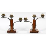 FRENCH MODERNIST THREE-LIGHT CANDELABRA, C. 1960, PAIR, H 9", W 10"Nickel plated brass and wood on
