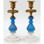 FRENCH OPALINE & BRONZE CANDLESTICKS, 19TH C., PAIR, H 11 3/4", DIA 5 3/4"Blue and white with