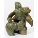INUIT CARVED STONE FIGURES, TWO PIECES H 20", GIRL WITH BEAR AND WALRUS