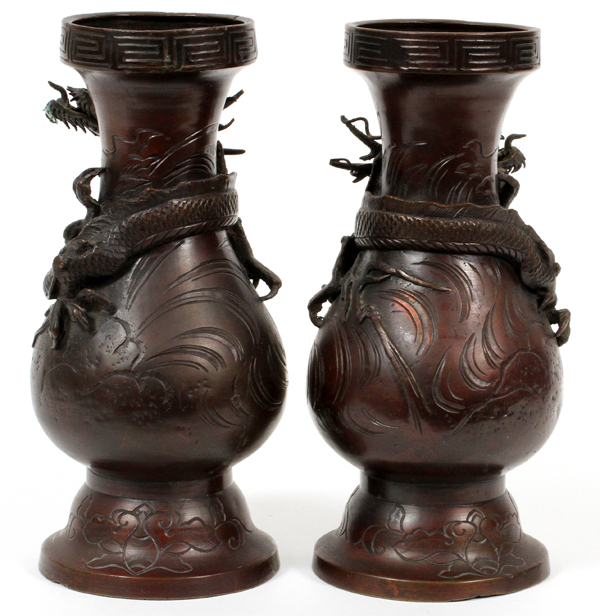 CHINESE BRONZE URNS, PAIR, H 9", DIA 2 3/4"Opening has a diameter of 2 3/4" with an interlocking - Image 2 of 3