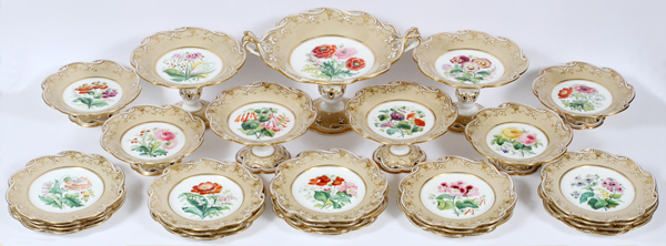 ENGLISH HAND-PAINTED PORCELAIN BOTANICAL DESSERT SET, C. 1830, 27 PIECESincludes 18 plates, 9"