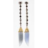 14KT GOLD AND NATURAL CHALCEDONY DANGLE EARRINGS, PAIR, H 2 7/8"A pair of natural blue chalcedony