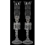 BACCARAT SINGLE LIGHT FIGURAL HURRICANES, H 24 1/2"Pair of Baccarat crystal hurricane lamps with