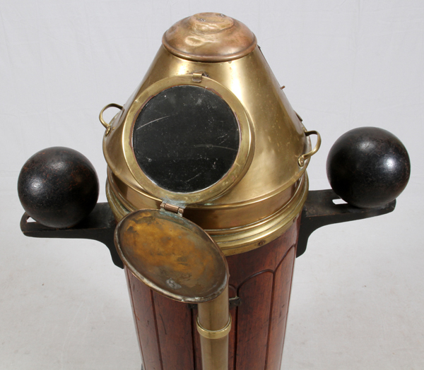 BRASS AND WOOD SHIP BINNACLE, H 53", L 30", D 20"Wood pedestal, with iron compensator balls, brass - Image 2 of 3