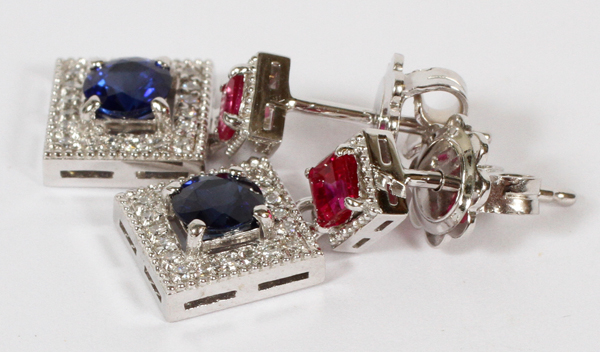 14KT GOLD, SAPPHIRE, RUBY, AND DIAMOND DANGLE EARRINGS, PAIR, H 5/8"A pair of 14kt white gold square - Image 2 of 2