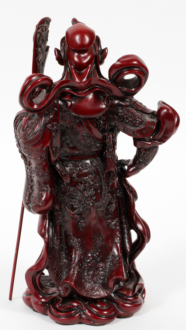 CHINESE CARVED CINNABAR WARRIOR, H 10", L 5 1/2"Full costume and wearing armor, holding a lance. - Image 2 of 2