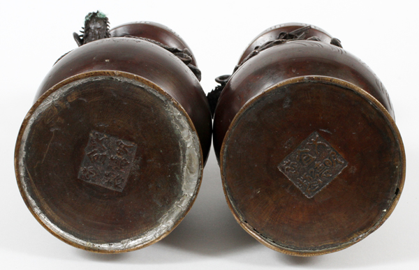 CHINESE BRONZE URNS, PAIR, H 9", DIA 2 3/4"Opening has a diameter of 2 3/4" with an interlocking - Image 3 of 3