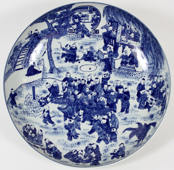 CHINESE BLUE & WHITE PORCELAIN CHARGER, H 3.5", DIA 16"depicts a large group of children playing
