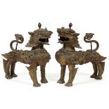 BRONZE FU DOGS WITH WINGS, PAIR, H 11", L 9 1/2"Bronze foo dogs with wings on the legs and wearing