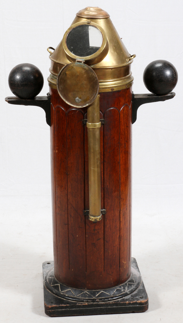 BRASS AND WOOD SHIP BINNACLE, H 53", L 30", D 20"Wood pedestal, with iron compensator balls, brass