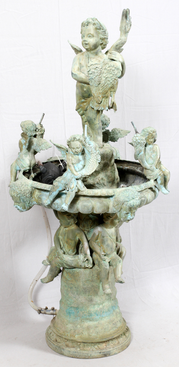 CHERUB FIGURAL FOUNTAIN H 66", DIA 32"having a larger cherub holding a goose, surrounded by