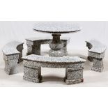 GRANITE TABLE AND BENCHES, H 18", DIA 36"having a round top table with a twin bubble form pedestal