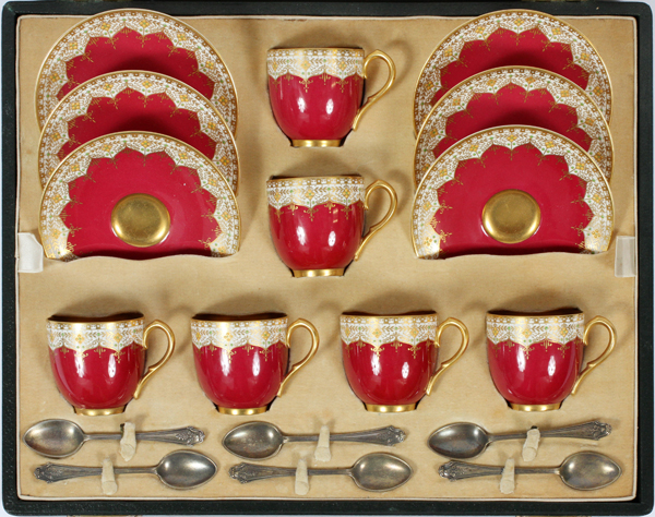 ROYAL WORCESTER, PORCELAIN DEMI-TASSE SET WITH STERLING SILVER SPOONS, 19 PCS.includes 6 hand