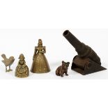 ANIMAL & FIGURAL TOY GROUPING, 5 PIECES, H 2 - 4" PLUS A CANNON, L 8"Antique early American Cannon